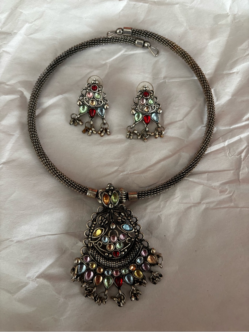 Multicolor Teardrop Pendant Necklace and Earring Set - Women Jewelry